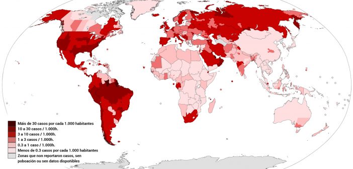 Mapa de incidencia da COVID-19 por países (Fonte: Wikipedia con datos da OMS)